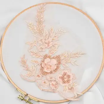 1 Adet 27*17cm İşlemeli Stereo Dantel Çiçekler Trim Tırnak Boncuklu Dantel Aplike DIY Dikiş düğün elbisesi