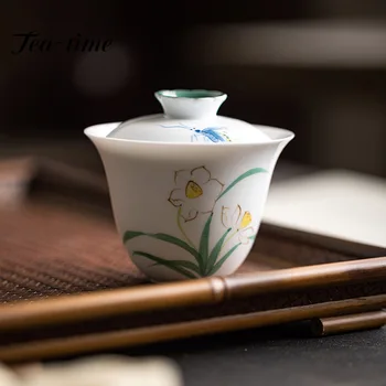 100 ml Butik El-boyalı Orkide Seramik Gaiwan Çin çay makinesi Kapak Kapaklı Kaseler Küçük Soperas Çay Töreni Aksesuarları