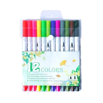 12 Adet / takım Renkli Sanat Eskiz İşaretleyiciler Çizim Fosforlu Kalem Seti Çift kafa Suluboya boya fırçası kalem malzemeleri Kırtasiye