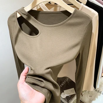 2023 Bahar Hollow Out Yuvarlak Boyun T-shirt Kadın Moda İnce Alt Tshirt Vida Dişi Uzun Kollu Kore Tarzı Tee Üstleri Kadın