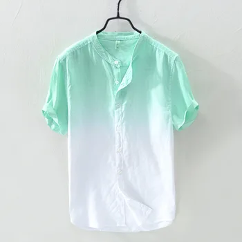 2023 Erkek Yeni Yaz Asılı Boyalı Degrade Renk Keten Gömlek Standı Yaka Rahat Kısa Kollu Taze Gömlek
