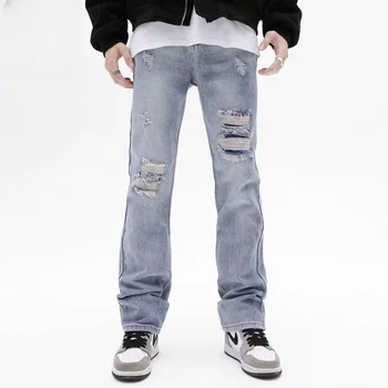 2023 Erkekler İlkbahar Sonbahar Yeni Streetwear Jean Erkek Kot Kot Rahat Düz pantolon erkek Yırtık Delik Pantolon Pantalon F190