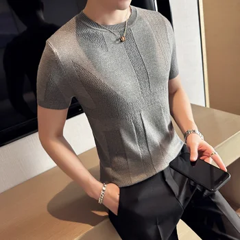 2023 Yaz Jakarlı erkek Örgü kısa kollu t-shirt Kazak Casual Slim Ekip Boyun Kazak İş Sosyal Tee Erkek Giyim