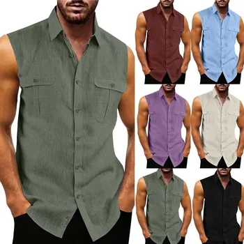 2023 Yaz Yeni erkek gömlekleri Düz Renk Keten Hırka Kolsuz Gevşek Yaka erkek gömlekleri Camisa
