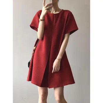2023 Yaz Yeni Kore Tarzı Retro Gevşek Zayıflama Rahat evaze elbise Kadınlar için Kısa Kollu O-boyun Düz Renk Puf Kollu