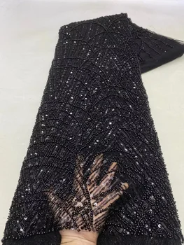 Afrika Dantel Kumaş 2023 Yüksek Kalite Yeni Lüks Boncuklu fransız fileli dantel Tül 5 metre Örgü Glitter Sequins Akşam Elbise İçin