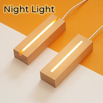 Ahşap taban LED Gece Lambası USB kablosu anahtarı 3D Akrilik cam çok fonksiyonlu sıcak beyaz ışıklar odası dekorasyon