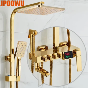 Altın Dijital Duş Sistemi Seti Banyo Sıcak Soğuk Mikser Termostatik yağmur biçimli duş Musluk Duvara Monte SPA Yağış Altın Grifo Kraan