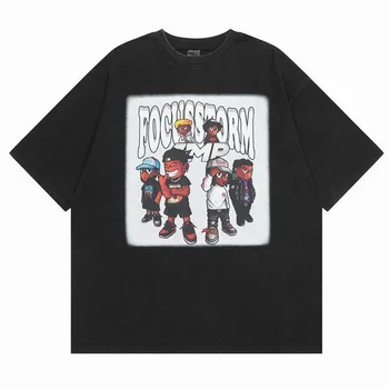 Amerikan Tarzı Koyu Gotik Anime Üstleri Hip Hop Karikatür Grafik Baskı Büyük Boy T Shirt Yaz Saf Pamuk Siyah Tee Gevşek Rahat