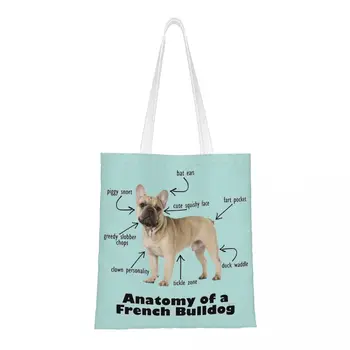 Anatomisi Bir Fransız Bulldog alışveriş çantası Kadın Omuz Tuval Tote Çanta Yıkanabilir Frenchie Köpek Lover Bakkaliye Alışveriş Çantaları