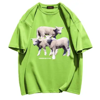 Artı Boyutu Pamuk Gevşek Çift Kadın T Shirt Yeni Yaz Tees Baskı Harajuku Yürüyüş Alpaka Çim Yeşil Üstleri Moda Kadın