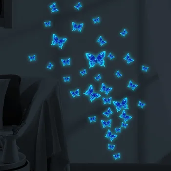 Aydınlık Mavi Kelebek duvar çıkartmaları Kız Odası Yatak Odası Düğün Parti Dekorasyon Çıkartması Karanlık Kelebekler Sticker