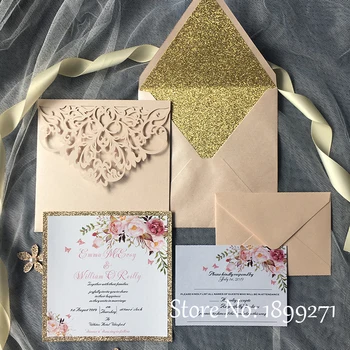 Açık pembe çiçek tasarım düğün Davetiyesi Kartı ile glitter zarf Freeprint için düğün / doğum günü / parti / mezuniyet
