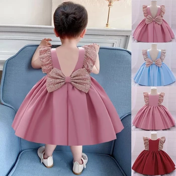 Backless Yay Sevimli Bebek Parti Elbiseler 0-5T Kolsuz Katı Toddler Kız Düğün Prenses Elbise Yenidoğan Doğum Günü Tutu Elbise
