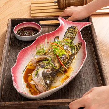 Balık şeklinde plaka, seramik buğulanmış ray bağlantı çubuğu, yaratıcı ray bağlantı çubuğu, ev Japon tarzı net kırmızı yemek tabağı, yeni büyük Chi
