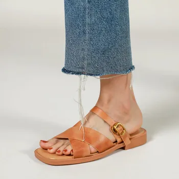 Bayan plaj ayakkabısı Üzerinde Kayma basit ayakkabı İnek Derisi Burnu açık Rahat Terlik Dış Giyim Sandalet Kadınlar İçin yazlık terlik Kadın İçin