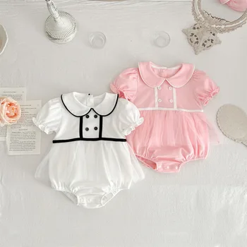 Bebek Yaz Tulum Elbise Kızlar için Giysi tülbent bebek Yaka Pamuk Prenses Tarzı Takım Elbise Kısa Kollu Kostümleri Bebek Romper