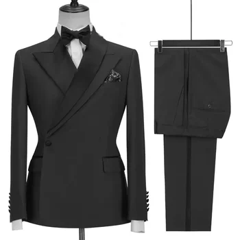 Benzersiz Tasarım Yaka Siyah Takım Elbise Tam Erkekler Set Düğün Damat Custom Made Erkek Ceket Pantolon Slim Fit 2 adet Parti Balo Blazer Pantolon