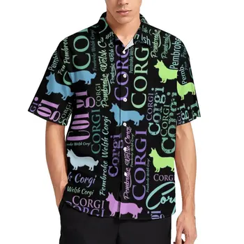 Corgi Kelime Sanat Plaj Gömlek Köpek Mektubu Baskı Hawaii Casual Gömlek Adam Trend Bluzlar Kısa Kollu Giyim Artı Boyutu 4XL