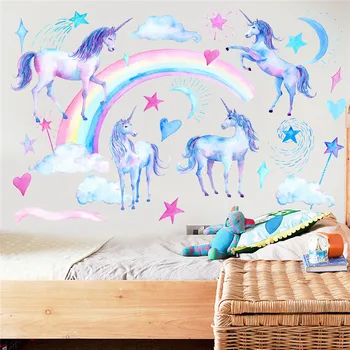DIY Karikatür Unicorn duvar çıkartmaları Çocuk Odası Gökkuşağı Bulut Duvar Kağıdı Kendinden Yapışkanlı Çocuk Anaokulu yatak odası dekoru Çıkartması