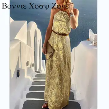 Elbise Kadınlar İçin 2023 Grafik Metalik Tasarım Kolsuz Halter Maxi Seksi Göz Alıcı Elbise Plaj Partisi Tatil Elbiseler