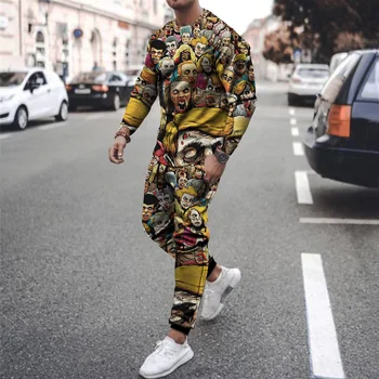 Erkek 3D Baskılı Yaratıcı Figürler Rahat Eşofman Yaz Streetwear Erkek Spor Büyük Boy uzun Kollu Tişört 2 Parça Set
