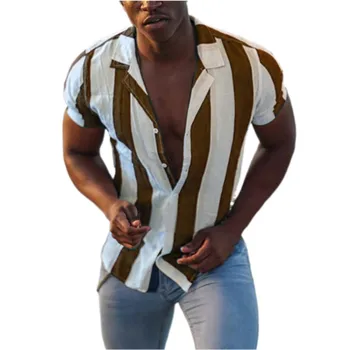 Erkek Avrupa Boyutu Geniş Çizgili Takım Elbise Yaka Gömlek İnce Plaj Gençlik Moda Rahat Gömlek Avrupa Amerikan Tarzı Retro
