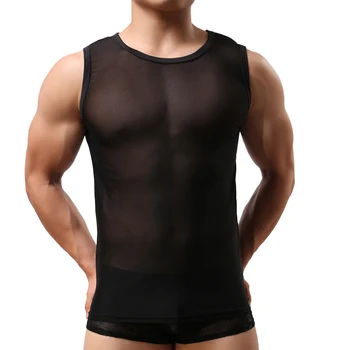 Erkek Kolsuz Örgü Tankı Üstleri See-Through T-Shirt O Boyun Egzersiz Spor Kas Tee Nefes Tankları Eşcinsel Erotik İç Çamaşırı