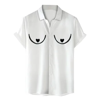 Erkek Komik Göğüs Baskı 2023 Yaz Gömlek Kısa Kollu Artı Boyutu Rahat Gömlek Casual Ön Düğmeler Yumuşak Nefes Yaz Gömlek