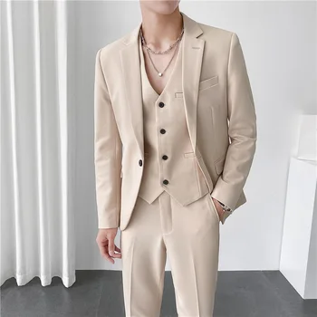 Erkek Takım Elbise 3 Adet Düz Renk İnce İş Eğlence İçin Uygun Ticari Düğün Ve Ziyafet Elbiseler Ceket Yelek Pantolon