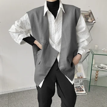 Erkek Takım Elbise Yelek Ceket İlkbahar Ve Sonbahar Yeni Gotik Trend Asimetrik Tasarım Rahat Gevşek Büyük Boy Yakasız Ceket