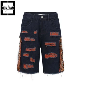 Erkek Yaz Tahrip kısa kot pantolon Nakış İle Moda Hi Sokak Yırtık Y2K Kot Şort Delikli Streetwear