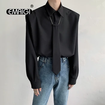 Erkekler Kravat Omuz Pedi Gevşek Rahat Uzun Kollu Gömlek Erkek Japonya Kore Streetwear Moda Parti Elbise Gömlek Sahne Giyim