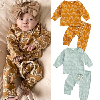 FOCUSNORM 3 Renk Bebek Bebek Kız Erkek Giysileri Setleri Kıyafet Gökkuşağı Baskı Uzun Kollu Kazak Tops Streç rahat pantolon seti