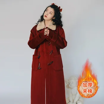 Fransız Retro Noel Mont Kadın Pamuk Kalınlaşmış Kore Yaka Şık Moda Bayan Yün Ceket Zarif Sonbahar Palto Eğlence