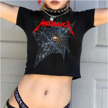 Goth İskelet örümcek ağı baskı grunge grafik kısa kollu kırpma üst y2k Harajuku Punk temel Tee ince tişört elbise seksi siyah