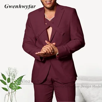 Gwenhwyfar 2023 Benzersiz Tasarlanmış Erkekler Bordo Takım Elbise Çentik Yaka Blazer Çapraz Kemer Düz pantolon Parti Giyim Genç Erkek Smokin