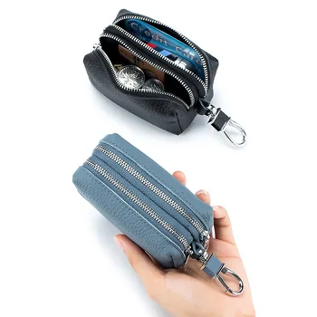 Hakiki İnek Deri Anahtar Cüzdan Unisex Anahtar Kutu erkek Araba Anahtarlık Çift Fermuarlı çanta anahtarlığı bozuk para cüzdanı Anahtarlık Cüzdan Kadın