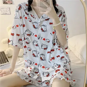Hello Kitty Yaz Kıyafeti Kawaii Sanrio Anime Kt Kedi Pijama Karikatür Winnie Ayı Pijama Tatlı Kız Gecelik Hediye Nighty