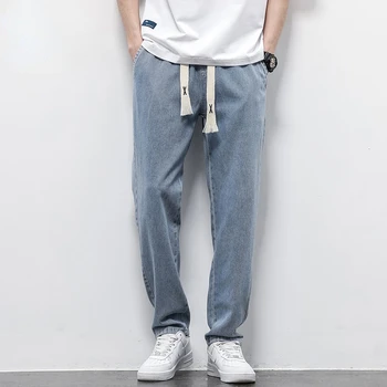 Ilkbahar Sonbahar erkek Kot Pamuk Yumuşak İpli Düz Pantolon Elastik Bel Vintage Kore günlük pantolon Erkek Artı Boyutu S-5XL