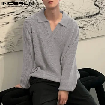 INCERUN Erkek Gömlek Düz Renk Yaka Uzun Kollu Örme Streetwear 2023 Casual Gömlek Kore Tarzı Eğlence Erkek Giyim S-5XL