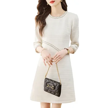 Kadın 2023 Yeni Bahar Slim Fit 3/4 Kollu Orta Uzunlukta Şık Vintage Elbise Trendi