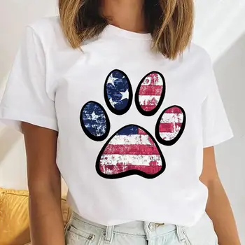 Kadın Karikatür Giysileri Üstleri Baskı Sevimli Bayanlar Tees Tshirt grafikli tişört Kadın Köpek Pençe Amerika Bayrağı Aşk Köpek Hayvan Rahat