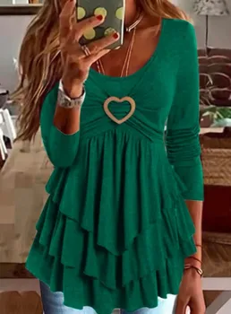 Kadın Peplum Üstleri Ön Kalp Desen Katmanlı Önlüklü Fırfır Etek Uzun Kollu T Gömlek Bahar 2023 Yeşil Pembe Mavi Elbise
