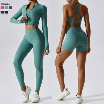 Kadın Spor Yoga Seti Düz Renk 3 Adet Egzersiz Spor Takım Elbise Süper Streç Yakın Fit Spor Nefes koşu giysisi