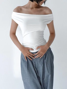 Kadın Yaz Rahat Kısa Kollu Mahsul Tops Katı Renk Kapalı Omuz Tekne Boyun Backless Slim Fit Üstleri Streetwear