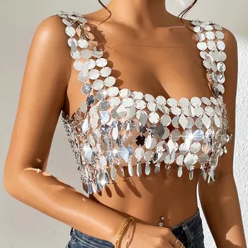 Kadınlar için moda Payetli Backless kırpma Tankı Üstleri Oymak Kıyafet Glitter sutyenler Gece Kulübü Festivali Plaj Partisi