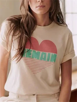 Kalp Şeklinde Mektup Baskı Kadın Retro Tshirt Mektup Rahat Yaz 2023 Moda Kadın Kısa Kollu O-Boyun Tee