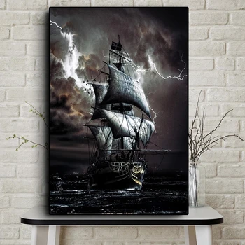 Korsan Gemisi Yağlıboya Siyah Yelkenli Tekne Deniz Retro Tuval Poster Boyama Resim Ofis Oturma Odası Sanat Ev Dekorasyon