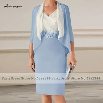 Lakshmigown Zarif Açık Mavi anne Gelin Kıyafetler 2022 Robe Femme Kılıf Şifon Parti Elbise Diz Boyu Konuk Önlük